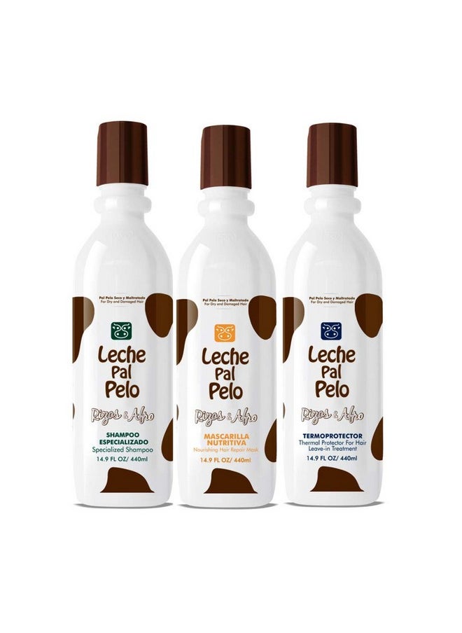 Leche Pal Pelo Rizos/Afro Specialized Shampoo Nourishing Hair Repair Mask Thermalprotectant Champu Especializado Mascarilla Nutritiva Termoprotector 14.9oz-440ml x3 (Set/Kit 14.9oz-440ml x3)