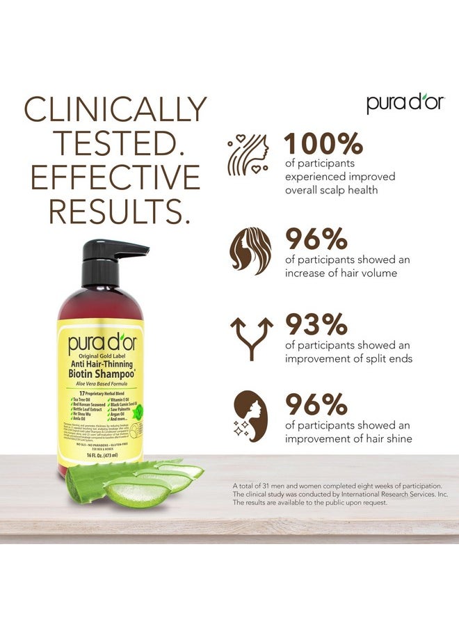 PURA D'OR 16 Oz Original Gold Label Anti-Thinning Biotin Shampoo Natural Earthy Scent, CLINICALLY TESTED Effective Results, Herbal DHT Blocker Hair Thickening Products, Women & Men, Color Treated Hair