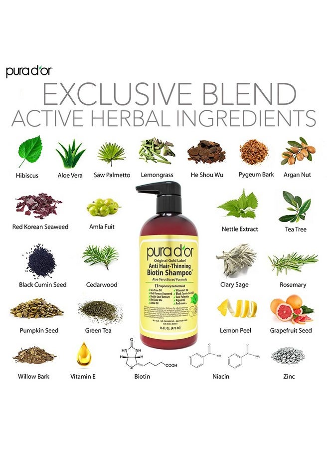 PURA D'OR 16 Oz Original Gold Label Anti-Thinning Biotin Shampoo Natural Earthy Scent, CLINICALLY TESTED Effective Results, Herbal DHT Blocker Hair Thickening Products, Women & Men, Color Treated Hair