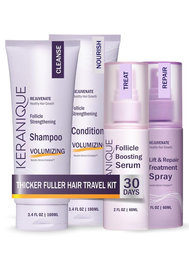 Keranique Hair Products Set for Thinning Hair - Volumizing Shampoo, Conditioner, Follicle Booster Serum, Spray for Fine Texture Boost, and Keratin Repair for Women