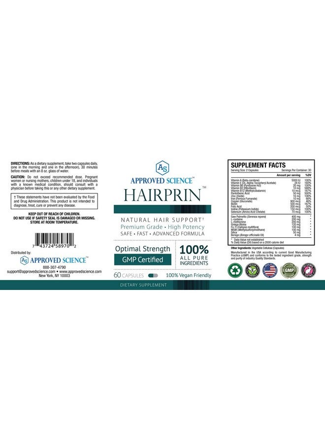 Approved Science Hairprin - Promote Hair Regrowth and Help Boost Scalp Circulation. 60 Vegan Friendly Capsules. 1 Bottle Supply