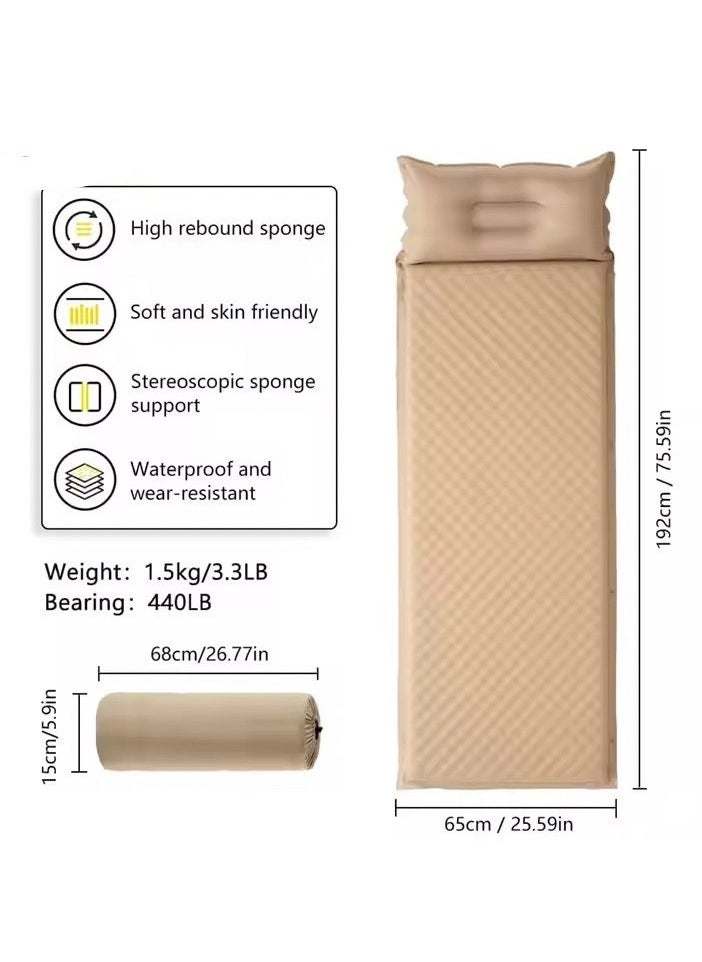 Self-Inflating Camping Sleeping Mat with Pillow, Ultra-Light Foam Mattress, Beige
