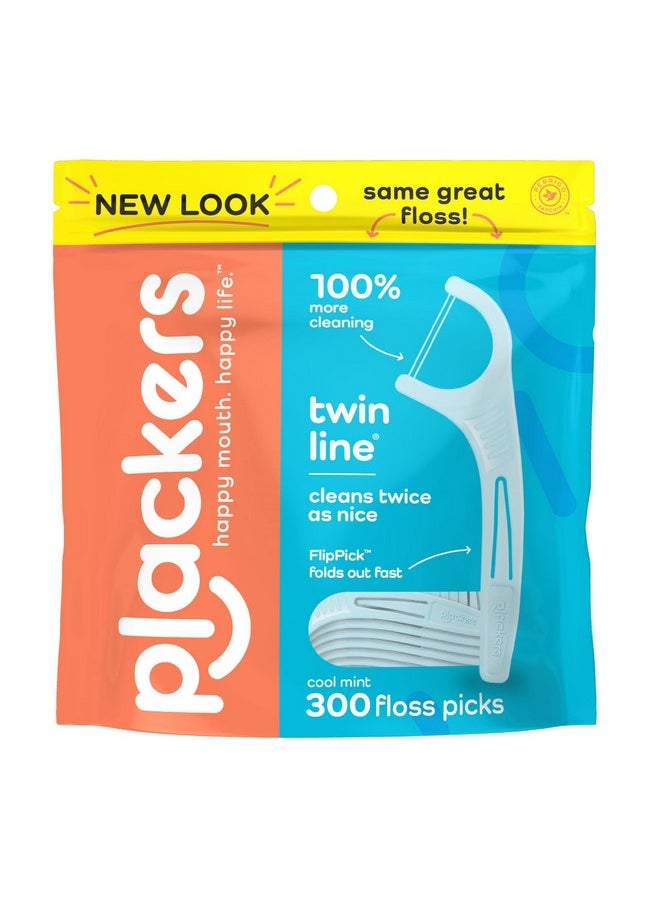 Plackers Twin-Line Dental Flossers, Cool Mint Flavor, Dual Action Flossing System, Easy Storage, Super Tuffloss, 2X The Clean, 300 Count (Pack of 1)