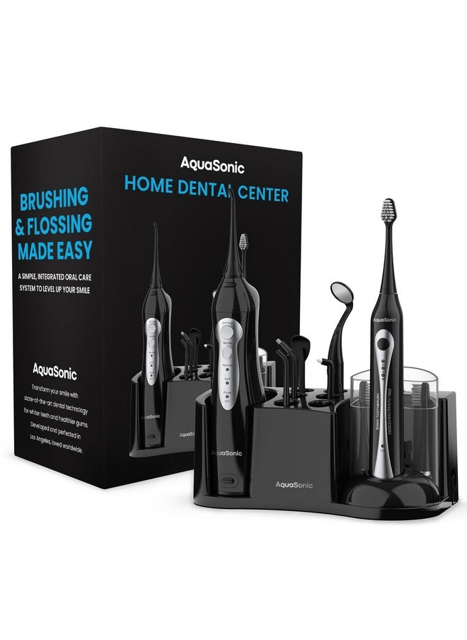 AquaSonic Home Dental Center Rechargeable Power Toothbrush & Smart Water Flosser - Complete Family Oral Care System - 10 Attachments and Tips Included - Various Modes & Timers (Black)