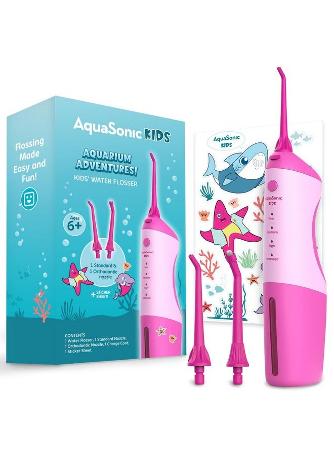 AquaSonic Kids' Water Flosser for Ages 6+ | Standard Nozzle, Orthodontic Nozzle & Waterproof Stickers | 4 Flossing Modes | Aquarium Adventures Theme (Pink)