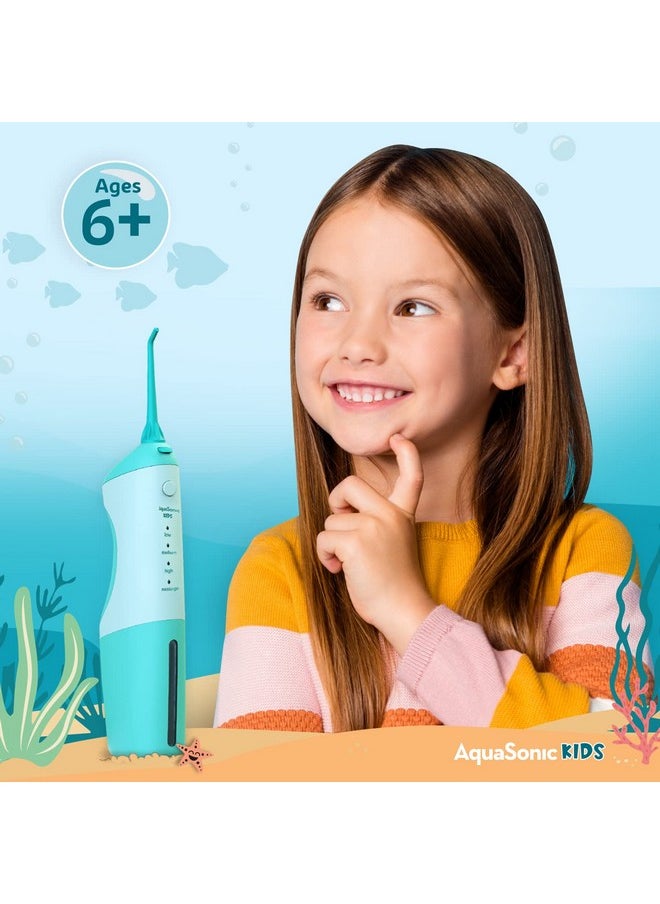 AquaSonic Kids' Water Flosser for Ages 6+ | Standard Nozzle, Orthodontic Nozzle & Waterproof Stickers | 4 Flossing Modes | Aquarium Adventures Theme (Blue)