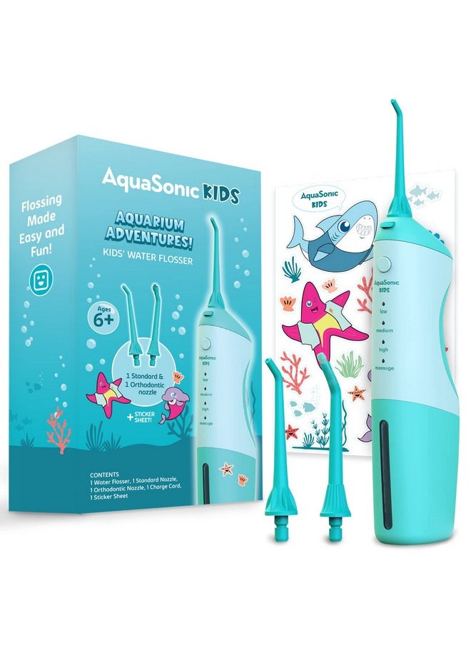 AquaSonic Kids' Water Flosser for Ages 6+ | Standard Nozzle, Orthodontic Nozzle & Waterproof Stickers | 4 Flossing Modes | Aquarium Adventures Theme (Blue)