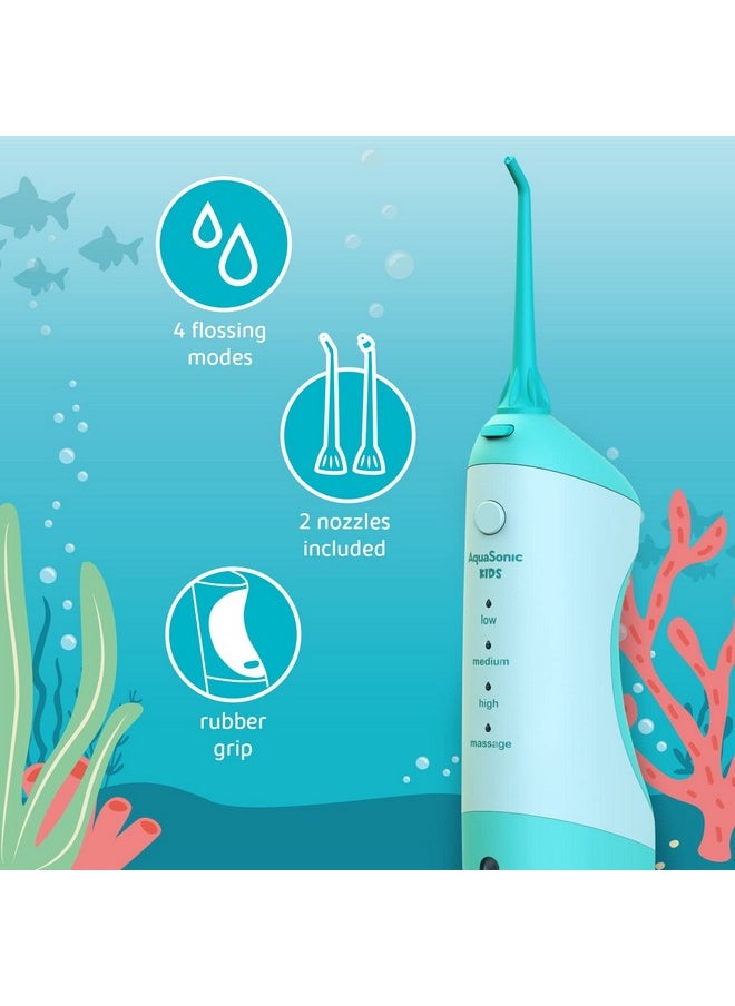 AquaSonic Kids' Water Flosser for Ages 6+ | Standard Nozzle, Orthodontic Nozzle & Waterproof Stickers | 4 Flossing Modes | Aquarium Adventures Theme (Blue)