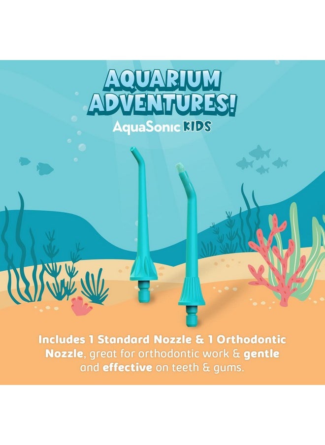 AquaSonic Kids' Water Flosser for Ages 6+ | Standard Nozzle, Orthodontic Nozzle & Waterproof Stickers | 4 Flossing Modes | Aquarium Adventures Theme (Blue)