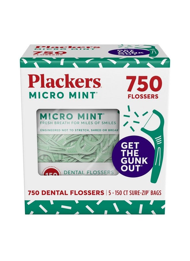 Plackers Micro Mint Dental Flossers, Fold-Out Toothpick, Super Tuffloss, Easy Storage with Sure-Zip Seal, Fresh Mint Flavor, 750 Count (Pack of 5)