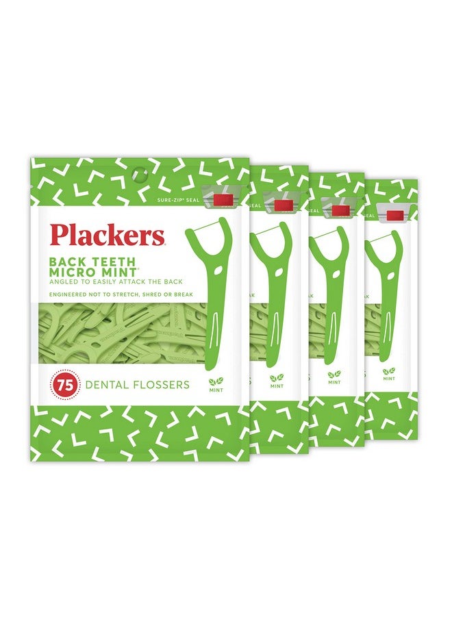 Plackers Back Teeth Micro Mint Dental Flossers, Delicious Mint Flavor, Provides Easy Access for Back Teeth, Built-in Protected Pick, Easy Storage, 75 Count, Pack of 4