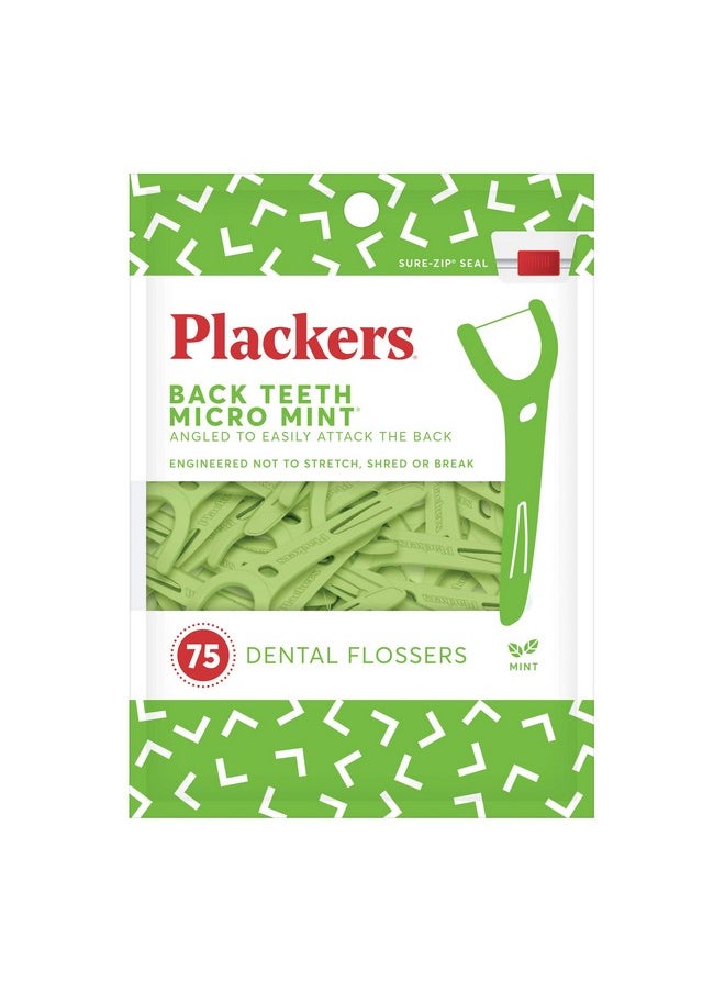 Plackers Back Teeth Micro Mint Dental Flossers, Delicious Mint Flavor, Provides Easy Access for Back Teeth, Built-in Protected Pick, Easy Storage, 75 Count, Pack of 4