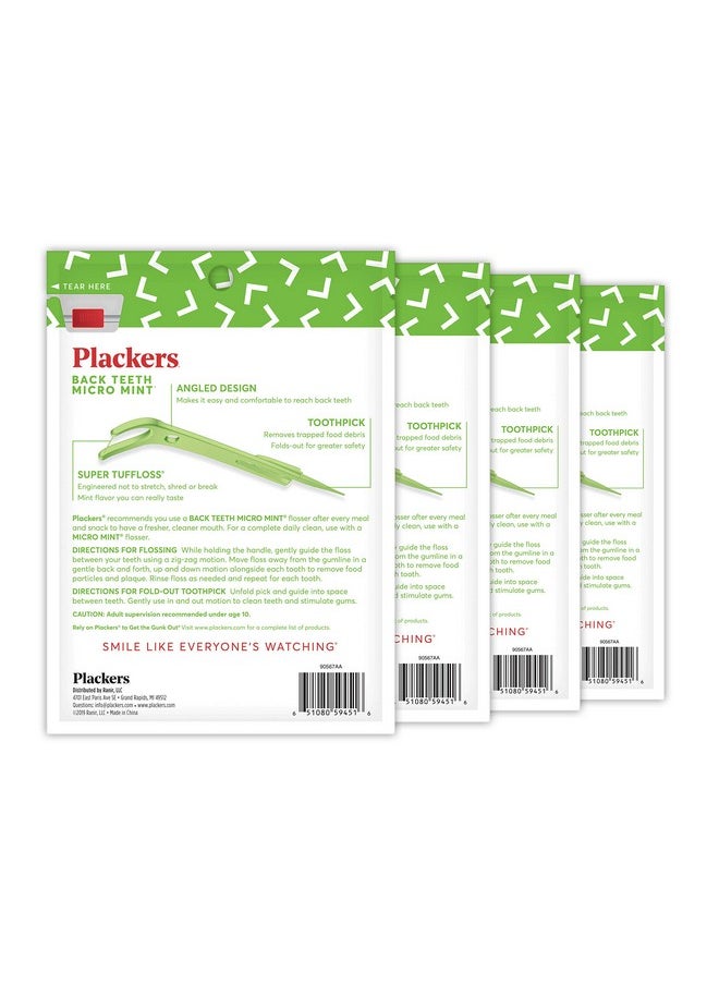 Plackers Back Teeth Micro Mint Dental Flossers, Delicious Mint Flavor, Provides Easy Access for Back Teeth, Built-in Protected Pick, Easy Storage, 75 Count, Pack of 4