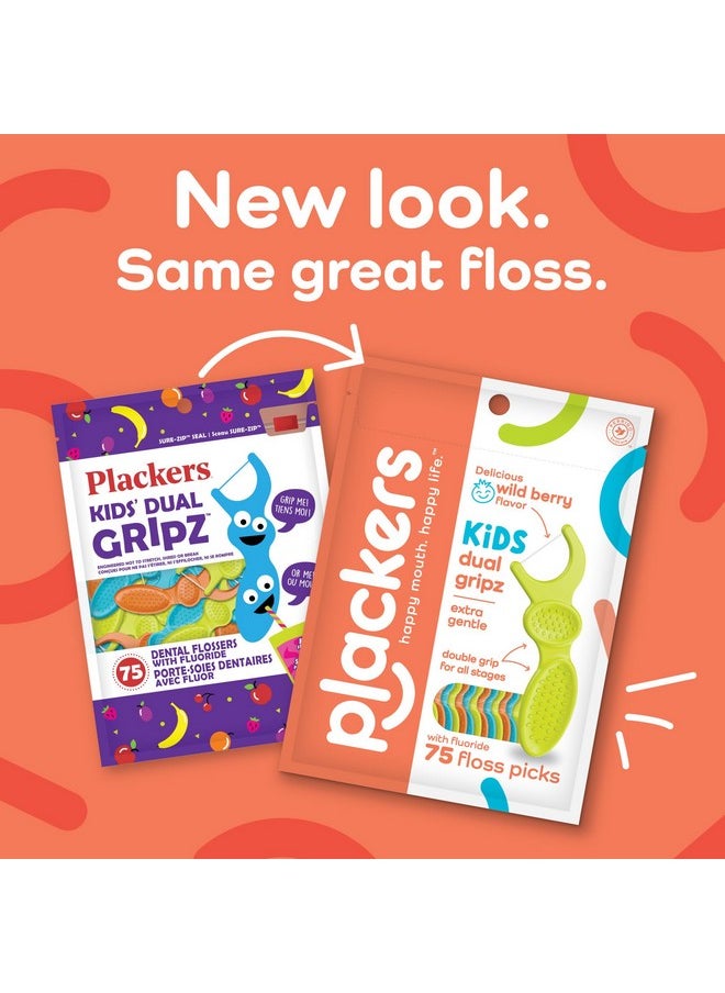 Plackers Kids Dual Gripz Floss Picks with Double Grip handle, Wild Berry Flavor, Colorful Floss Picks for Kids of All Ages, 75 Count (Pack of 4)