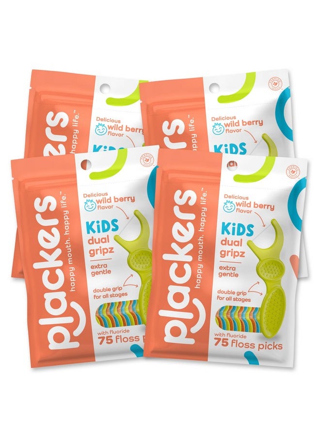 Plackers Kids Dual Gripz Floss Picks with Double Grip handle, Wild Berry Flavor, Colorful Floss Picks for Kids of All Ages, 75 Count (Pack of 4)