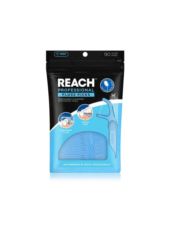 REACH Dental Floss Picks, Mint, Plaque Remover for Teeth, for Hard to Reach Areas, Easy Grip Handle, Comfortable Multi-Use Flosser for Adults, Oral Care, PFAS Free, 90 Count