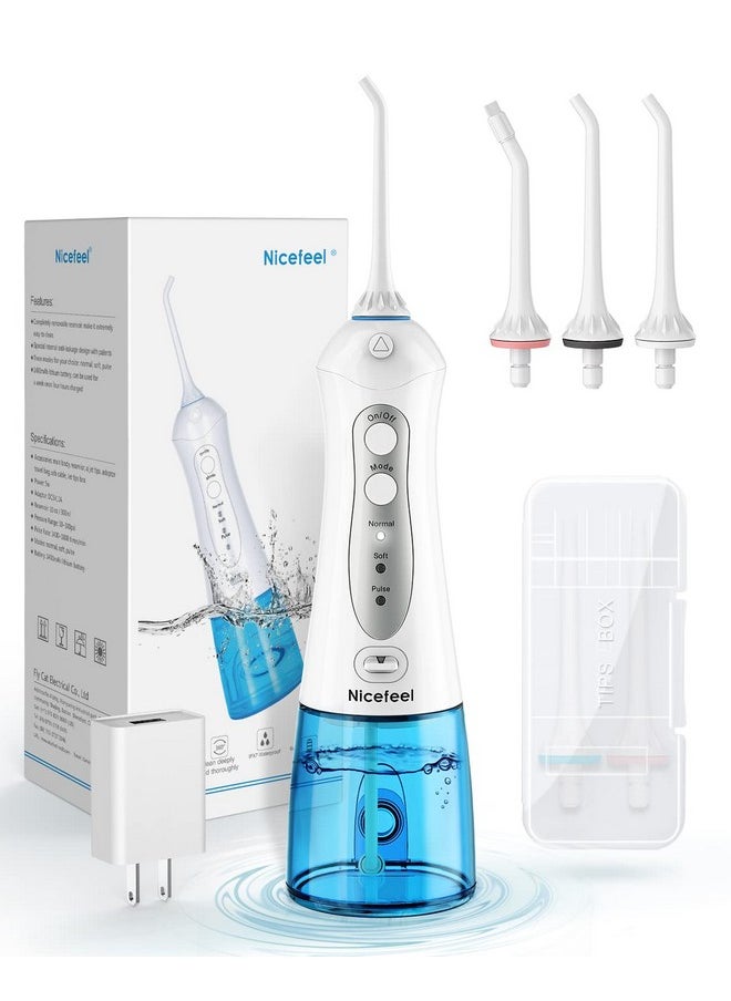Cordless Water Flosser Teeth Cleaner, Nicefeel 300ML 2 Tip Cases Portable and USB Rechargeable Oral Irrigator for Travel, IPX7 Waterproof, 3-Mode Water Flossing with 4 Jet Tips for Home Blue