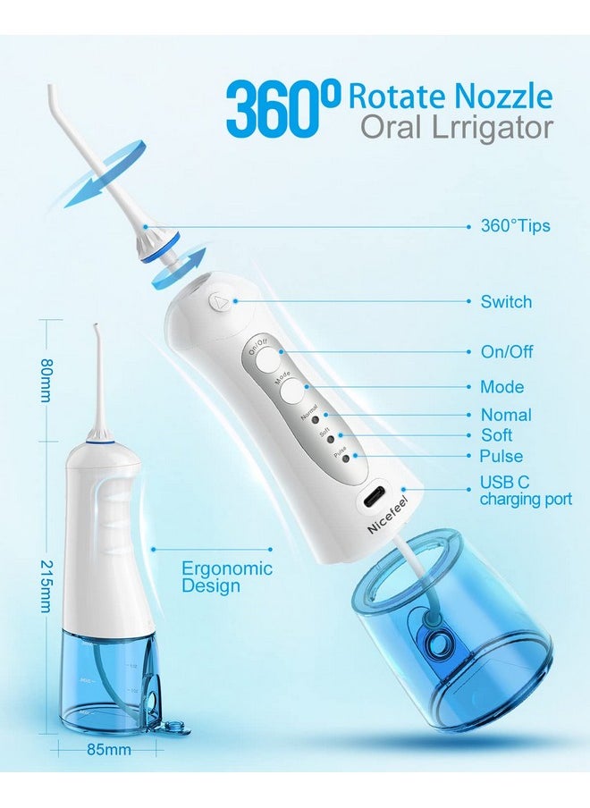 Cordless Water Flosser Teeth Cleaner, Nicefeel 300ML 2 Tip Cases Portable and USB Rechargeable Oral Irrigator for Travel, IPX7 Waterproof, 3-Mode Water Flossing with 4 Jet Tips for Home Blue