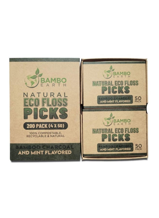 Natural Dental Floss Picks - Eco Friendly Cruelty Free & Vegan Tooth Flossers Pick Set with BPA Free Handle & Zero Waste Packaging - 200 Pack (Bamboo Charcoal Flavored)