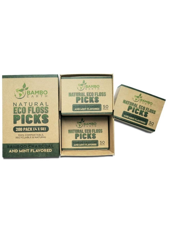 Natural Dental Floss Picks - Eco Friendly Cruelty Free & Vegan Tooth Flossers Pick Set with BPA Free Handle & Zero Waste Packaging - 200 Pack (Bamboo Charcoal Flavored)