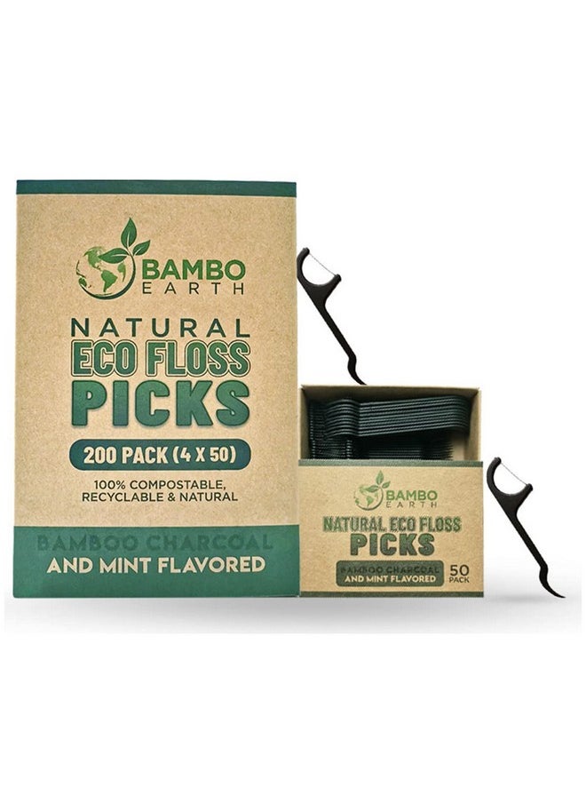 Natural Dental Floss Picks - Eco Friendly Cruelty Free & Vegan Tooth Flossers Pick Set with BPA Free Handle & Zero Waste Packaging - 200 Pack (Bamboo Charcoal Flavored)