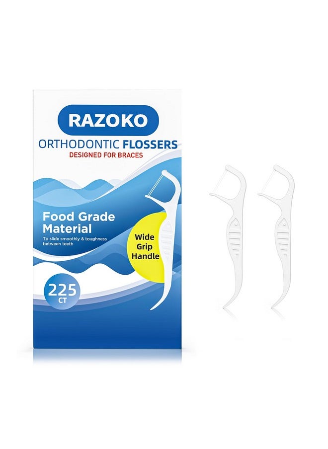 RAZOKO Orthodontic Flossers for Braces, Ortho Dental Floss Picks, Braces Flossers for Kids Teeth & Adults, Unflavored, 225 Count (Pack of 3)