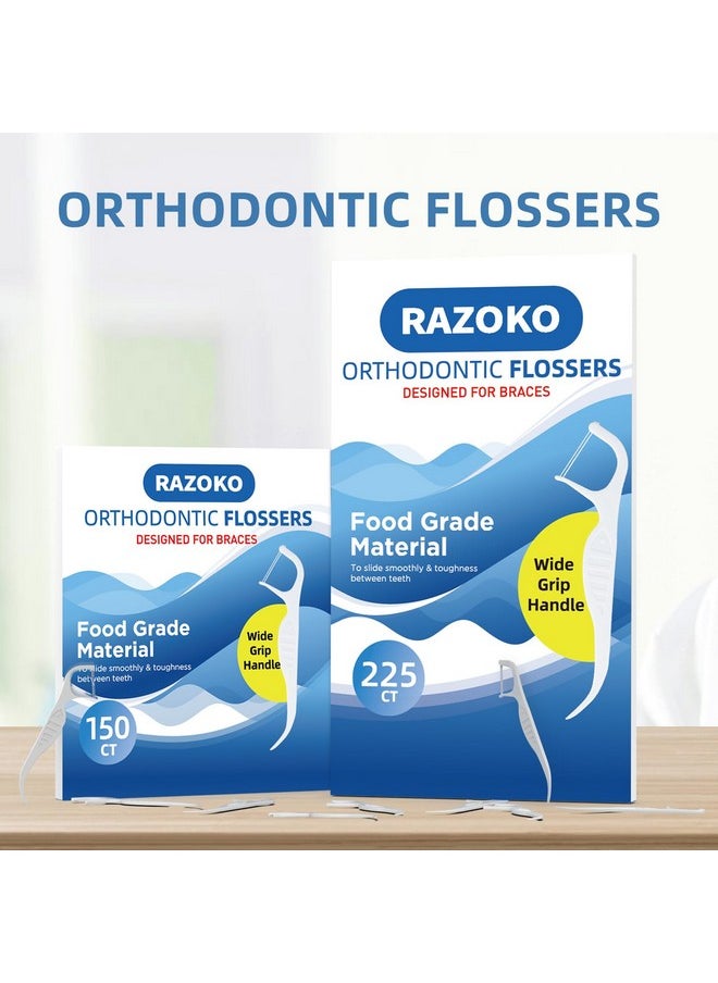RAZOKO Orthodontic Flossers for Braces, Ortho Dental Floss Picks, Braces Flossers for Kids Teeth & Adults, Unflavored, 225 Count (Pack of 3)