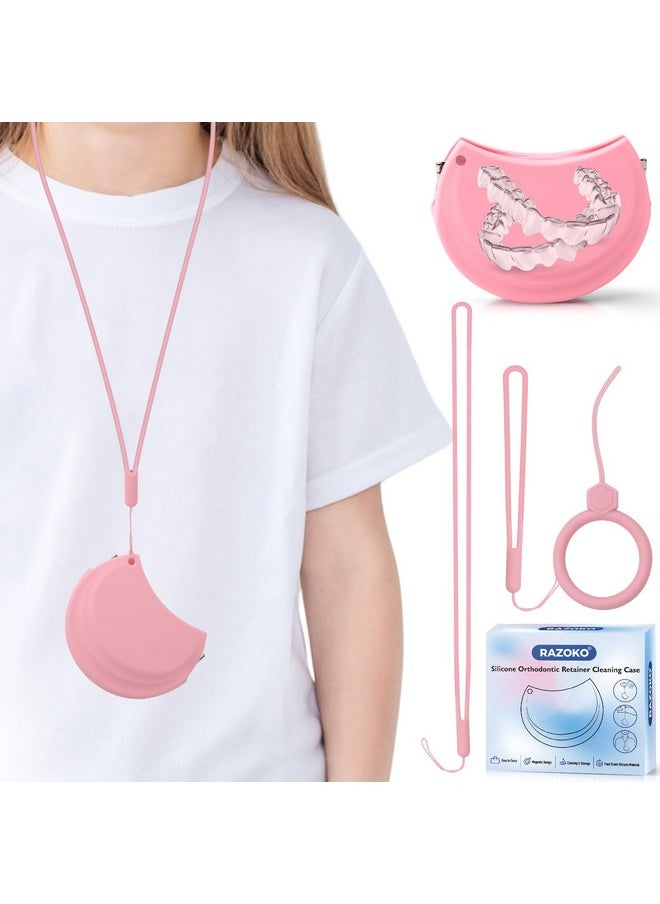 RAZOKO Silicone Retainer Case with 3 Lanyard Aligner Case Vent Holes Night Mouth Guard Case Retainer Holder for Girl Women Kids Men for Travel Pink