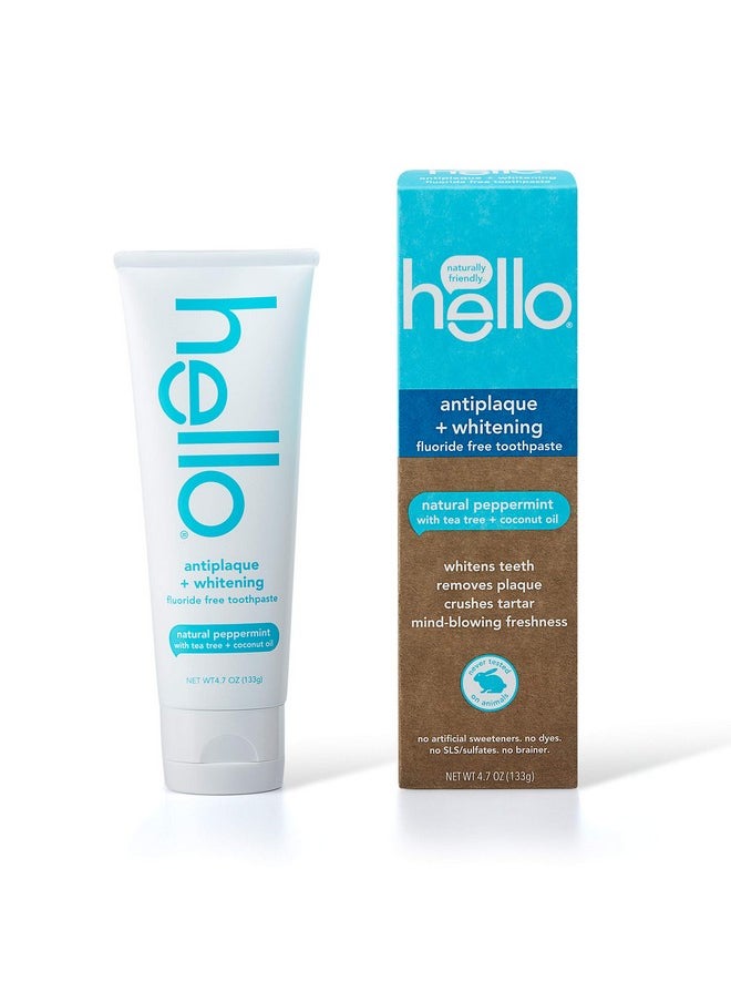 Hello Oral Care Fluoride Free Antiplaque and Whitening Toothpaste Vegan SLS Free with Tea Tree Oil Coconut Oil, Natural Peppermint, 4.7 Ounce