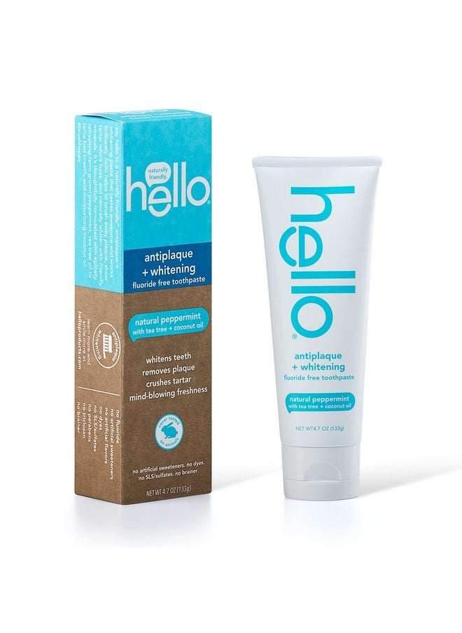 Hello Oral Care Fluoride Free Antiplaque and Whitening Toothpaste Vegan SLS Free with Tea Tree Oil Coconut Oil, Natural Peppermint, 4.7 Ounce