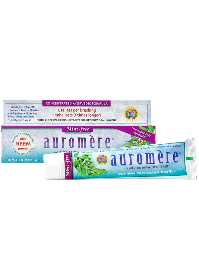 Auromere Ayurvedic Herbal Toothpaste, Mint Free - Vegan, Natural, Non GMO, Fluoride Free, Gluten Free, with Neem & Peelu (4.16 oz), 1 Pack