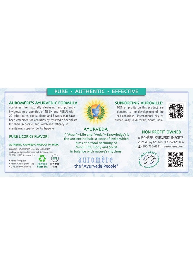 Auromere Ayurvedic Herbal Toothpaste, Mint Free - Vegan, Natural, Non GMO, Fluoride Free, Gluten Free, with Neem & Peelu (4.16 oz), 1 Pack