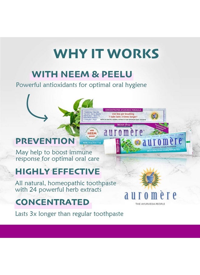 Auromere Ayurvedic Herbal Toothpaste, Mint Free - Vegan, Natural, Non GMO, Fluoride Free, Gluten Free, with Neem & Peelu (4.16 oz), 1 Pack