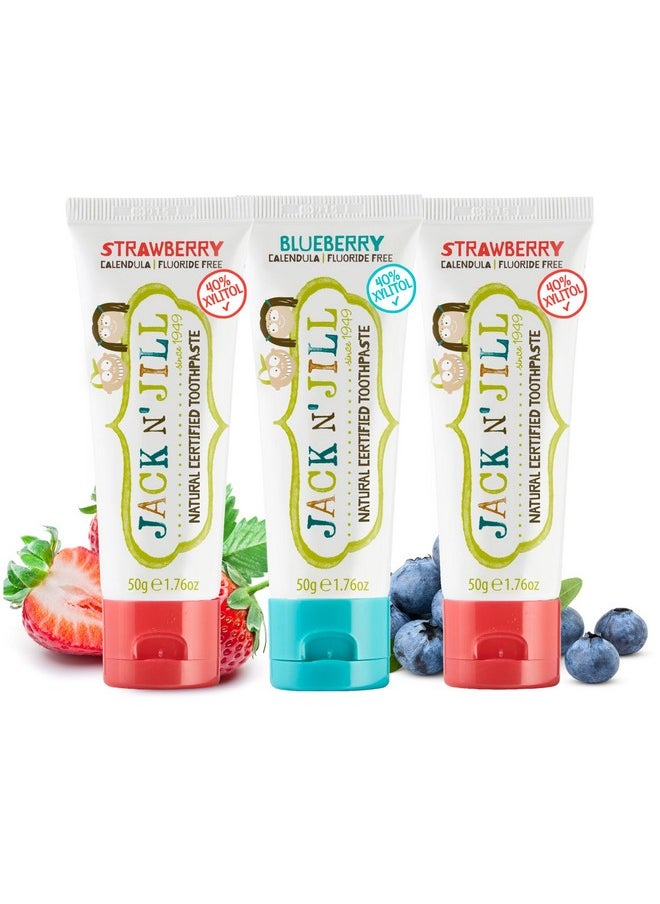 Jack N' Jill Natural Toddler Toothpaste for Baby, Kids and Infants 6 Months & Up, Fluoride Free Training Toothpaste for Toddlers 1-3, 40% Xylitol, BPA Free - Strawberry & Blueberry, 1.76 oz (3 Pack)
