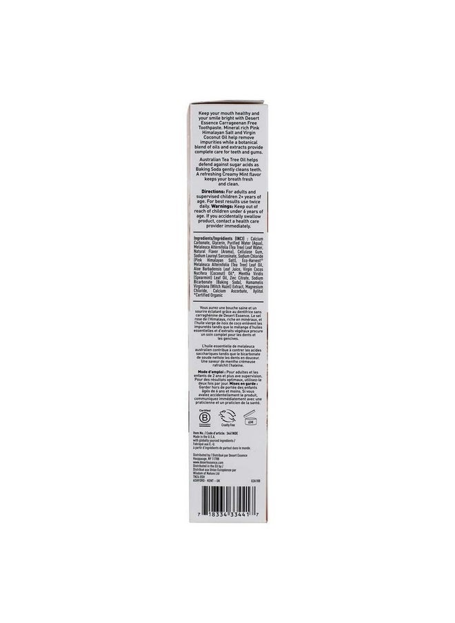 Desert Essence Pink Himalayan Salt Toothpaste - 6.25 Ounce - Creamy Mint - Complete Oral Care - Mineral Rich - Tea Tree Oil - Removes Impurities - Refreshing Taste - Deep Clean - Carrageenan Free