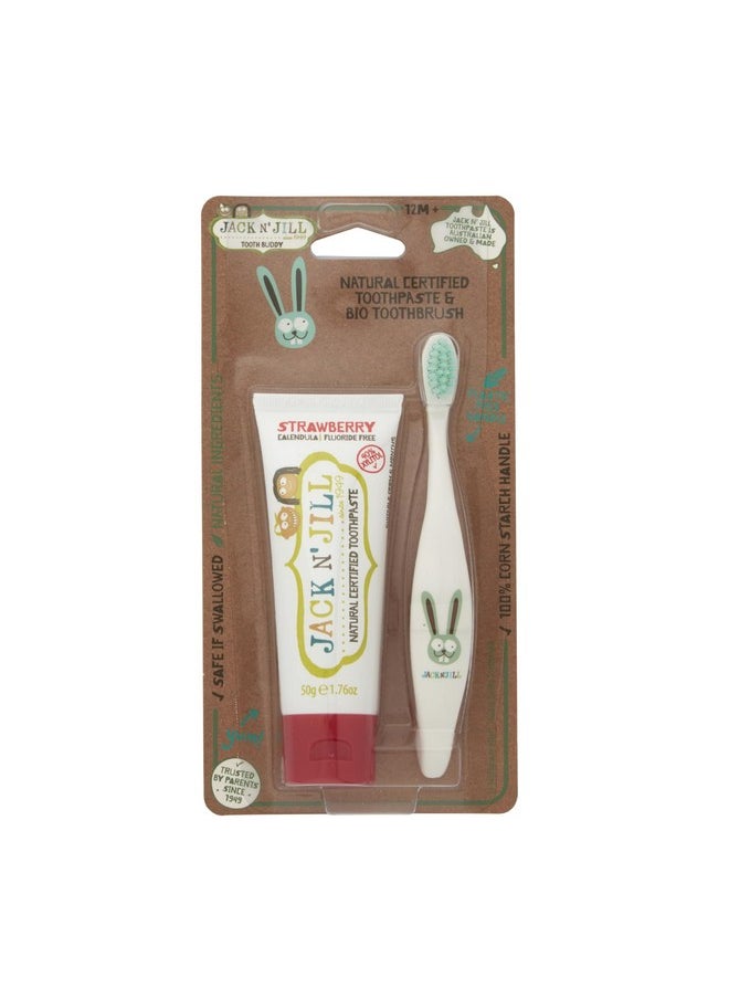 Jack N' Jill Toddler Toothbrush and Toothpaste Combo - Baby Toothbrush 12 Months and Up, 1 Year Old Toothbrush and Toothpaste Set, Fluoride Free - 1 Kids Toothbrush and 1 Strawberry Toothpaste