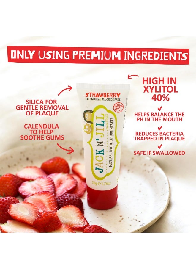 Jack N' Jill Toddler Toothbrush and Toothpaste Combo - Baby Toothbrush 12 Months and Up, 1 Year Old Toothbrush and Toothpaste Set, Fluoride Free - 1 Kids Toothbrush and 1 Strawberry Toothpaste