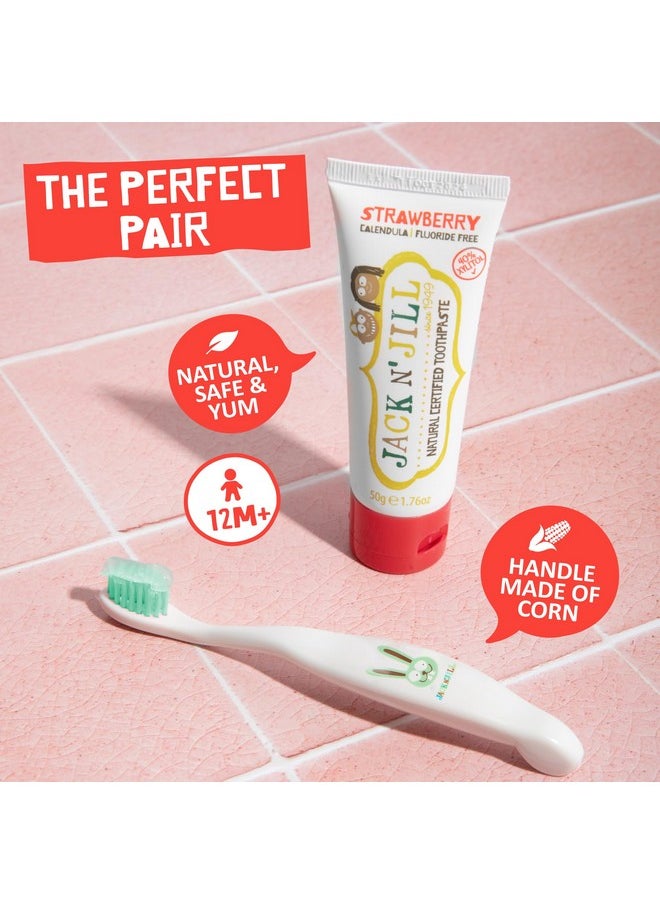 Jack N' Jill Toddler Toothbrush and Toothpaste Combo - Baby Toothbrush 12 Months and Up, 1 Year Old Toothbrush and Toothpaste Set, Fluoride Free - 1 Kids Toothbrush and 1 Strawberry Toothpaste