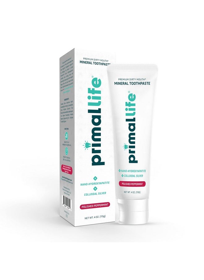 Primal Life Organics Premium Dirty Mouth Mineral Toothpaste - Nano-Hydroxyapatite, Colloidal Silver, Charcoal - Organic, All Natural Whitening Formula (Peppermint Flavor, 4 Oz)