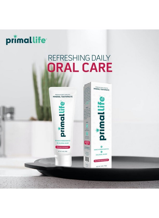 Primal Life Organics Premium Dirty Mouth Mineral Toothpaste - Nano-Hydroxyapatite, Colloidal Silver, Charcoal - Organic, All Natural Whitening Formula (Peppermint Flavor, 4 Oz)