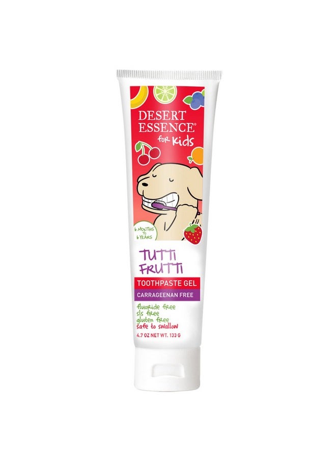 Desert Essence Fluoride-Free Toothpaste Gel for Kids - Tutti Frutti Flavor - Safe for Toddlers and Babies - Gluten-Free, SLS-Free, Non-Fluoride - Safe to Swallow with Xylitol and Aloe, 4.7oz