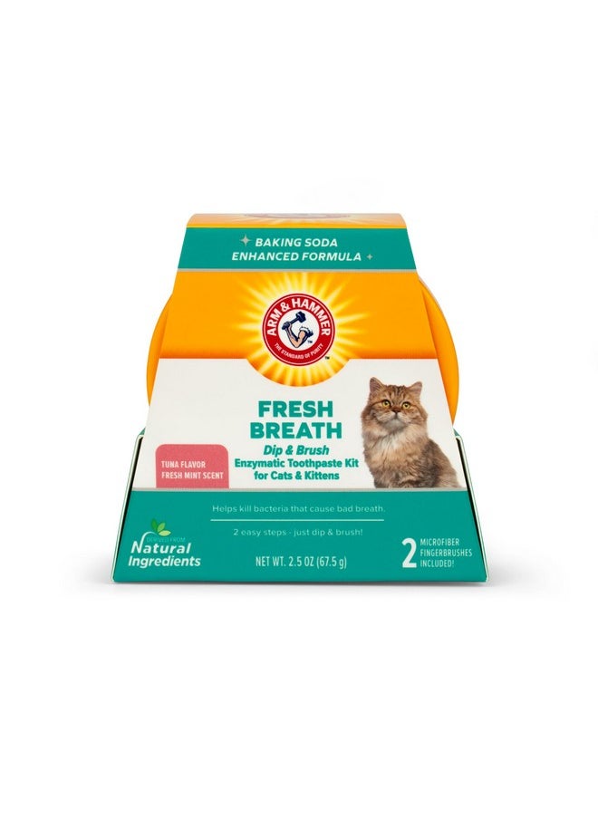 Arm & Hammer Dip & Brush Fresh Breath Enzymatic Toothpaste Kit for Cats and Kittens with 2 Microfiber Finger Bushes, 2.5 Ounces, Tuna Flavor | Cat Dental Care Kit