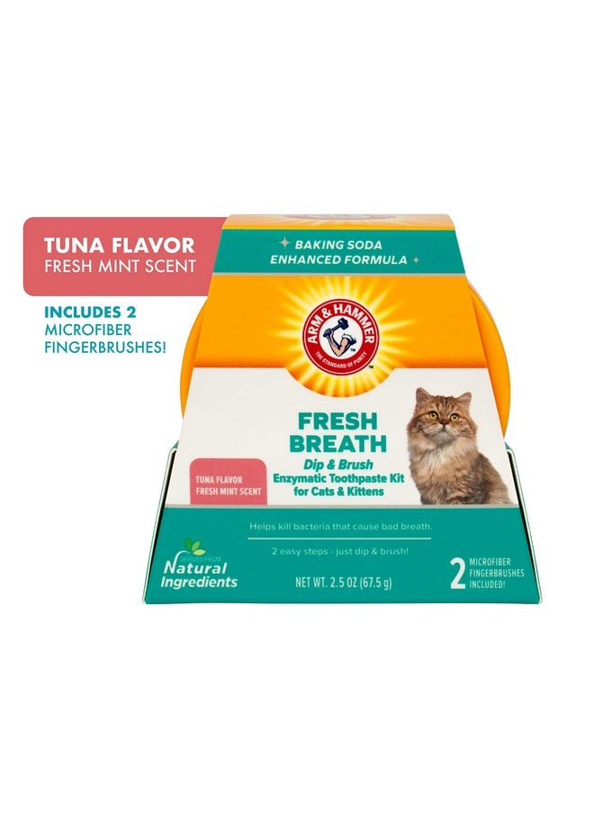 Arm & Hammer Dip & Brush Fresh Breath Enzymatic Toothpaste Kit for Cats and Kittens with 2 Microfiber Finger Bushes, 2.5 Ounces, Tuna Flavor | Cat Dental Care Kit