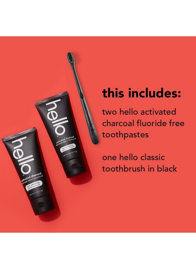 Hello Activated Charcoal Epic Teeth Whitening Fluoride Free Toothpaste and Toothbrush, Fresh Mint and Coconut Oil, Vegan, SLS Free, Gluten Free and Peroxide Free, 4 Ounce (Pack of 2)