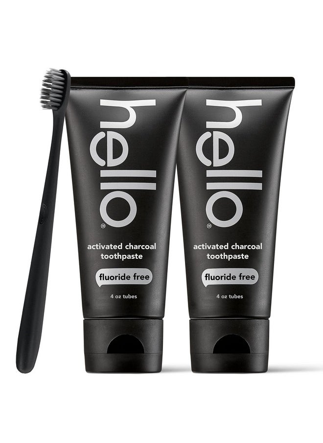 Hello Activated Charcoal Epic Teeth Whitening Fluoride Free Toothpaste and Toothbrush, Fresh Mint and Coconut Oil, Vegan, SLS Free, Gluten Free and Peroxide Free, 4 Ounce (Pack of 2)