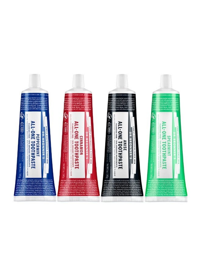 Dr. Bronner’s - All-One Toothpaste Variety Pack - Peppermint, Cinnamon, Anise, & Spearmint, 70% Organic Ingredients, Natural & Effective, Fluoride-Free, Helps Freshen Breath, Vegan (5oz, 4-Pack)
