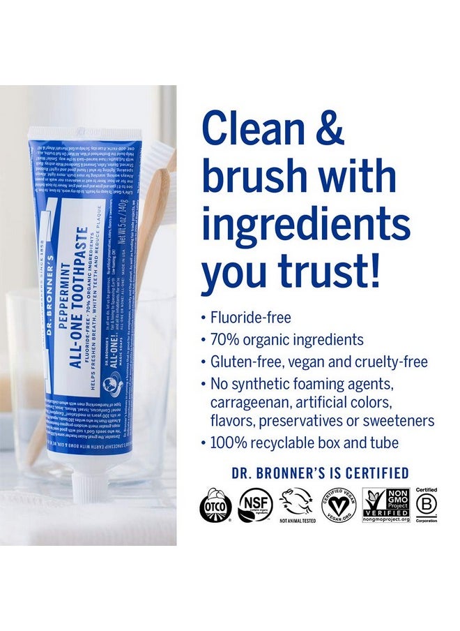 Dr. Bronner’s - All-One Toothpaste Variety Pack - Peppermint, Cinnamon, Anise, & Spearmint, 70% Organic Ingredients, Natural & Effective, Fluoride-Free, Helps Freshen Breath, Vegan (5oz, 4-Pack)
