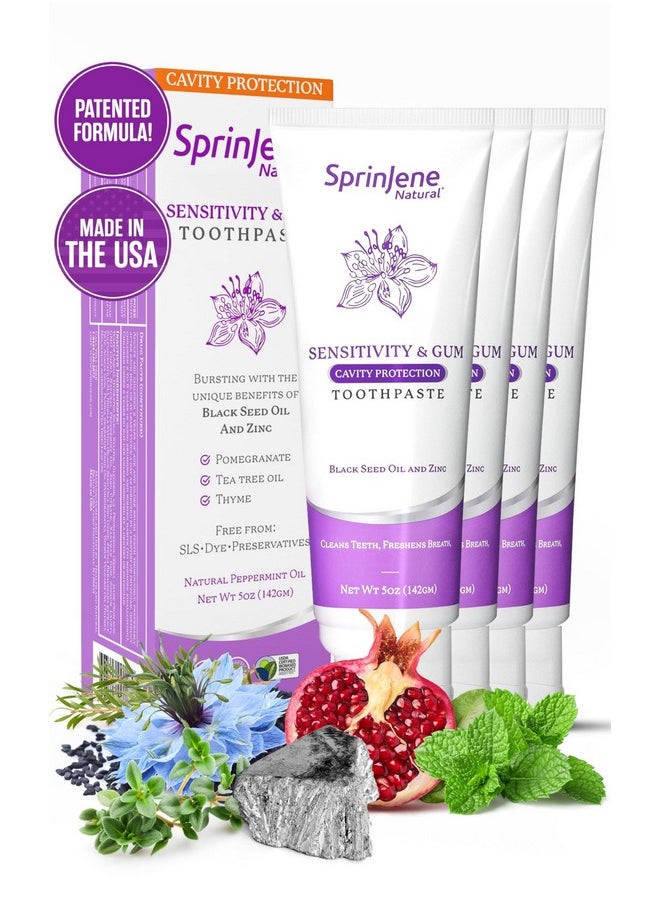 SprinJene Natural Sensitivity & Gum, Fluoride Toothpaste for Sensitive Teeth | Natural Toothpaste for Cavity Protection | 4 Pack