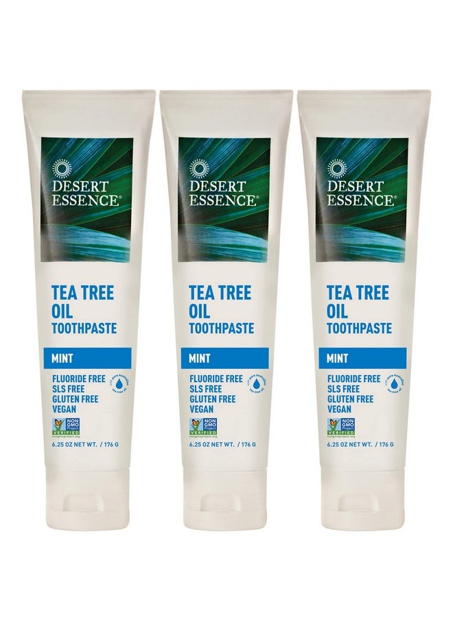 Desert Essence Tea Tree Oil Toothpaste - Mint - 18.75 Oz (6.25 Oz * Pack of 3) - Refreshing Taste - Deep Cleans Teeth & Gums - Helps Fight Plaque - Sea Salt - Pure Essential Oil - Baking Soda