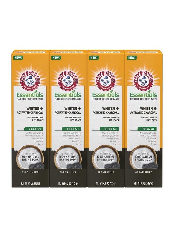 ARM & HAMMER Essentials Fluoride-Free Toothpaste Whiten + Activated Charcoal-4 Pack of 4.3oz Tubes, Clean Mint- 100% Natural Baking Soda